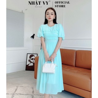 Đầm Đi Tiệc NHẬT VY Cổ Tròn Tay Ngắn Phồng Dập Ly Chiêt Eo Dáng Xoè Chất Tằm Ý Màu Đỏ, Xanh Biển - D2380