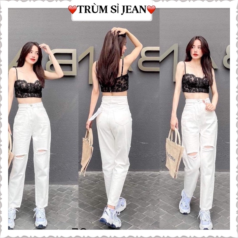 (TRÙM SỈ JEAN) Quần baggy trắng rách gối chất kaki - quần bò rách kiểu nữ