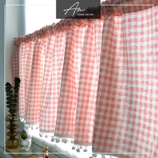 Rèm ngắn trang trí cửa sổ Caro Hồng viền Pom Pom
