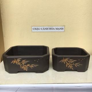  Chậu chữ nhật bonsai sen đá mini màu đen khắc trúc gốm Bát Tràng 2 size SP487 