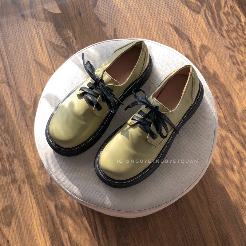 Giày Da Nữ Màu Xanh Bơ Cổ Thấp, Phong Cách Vintage
