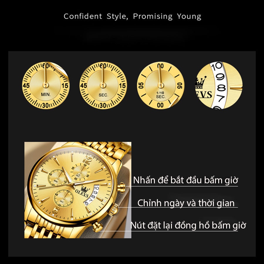 Đồng hồ nam doanh nhân Olevs size 42mm,dây đeo thép không gỉ,chống nước 30m