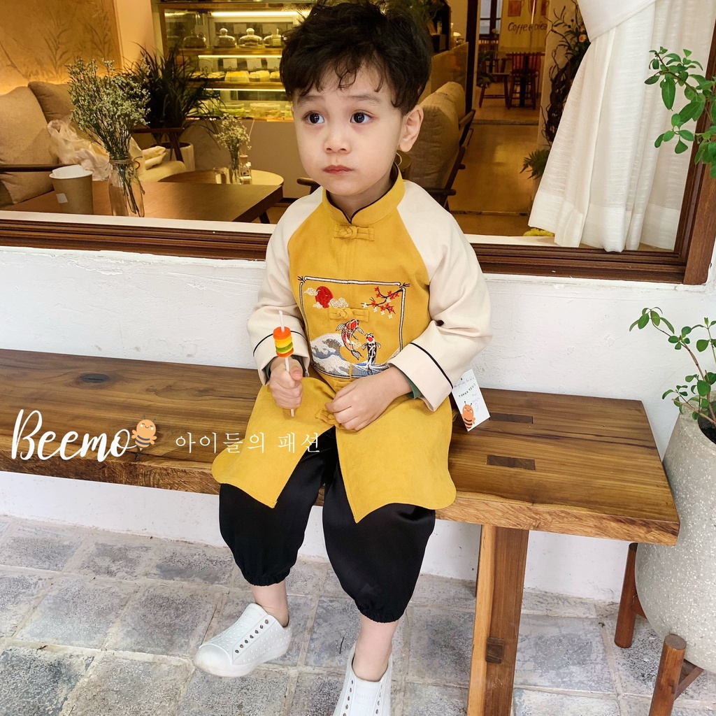 Bộ set áo dài cách tân Beemo thêu hình cá chép vải nhung mặc Tết, sự kiên cho bé trai bé gái từ 1 đến 6 tuổi - 20D084