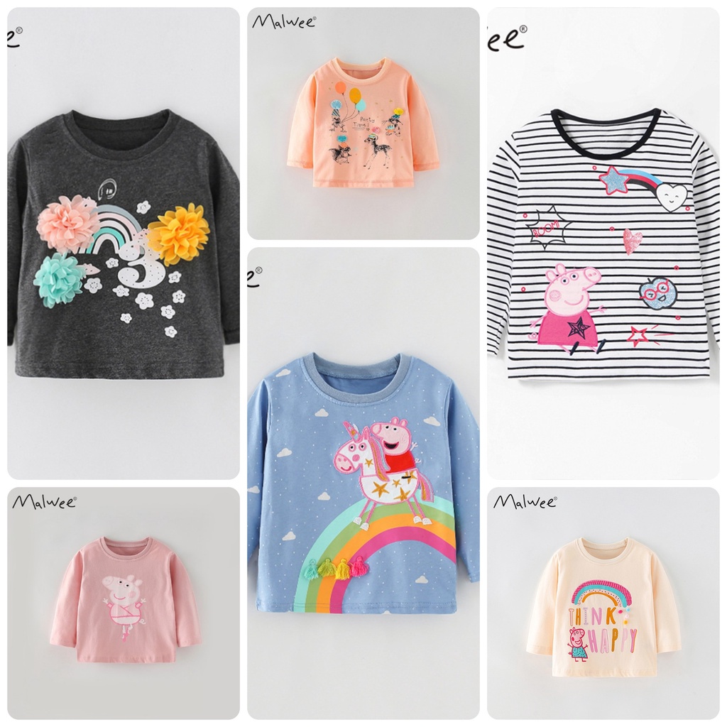 Mã 6644 áo thun xanh chấm bi thêu đắp hình lợn peppa cưỡi ngựa đi chơi cực yêu của Malwee