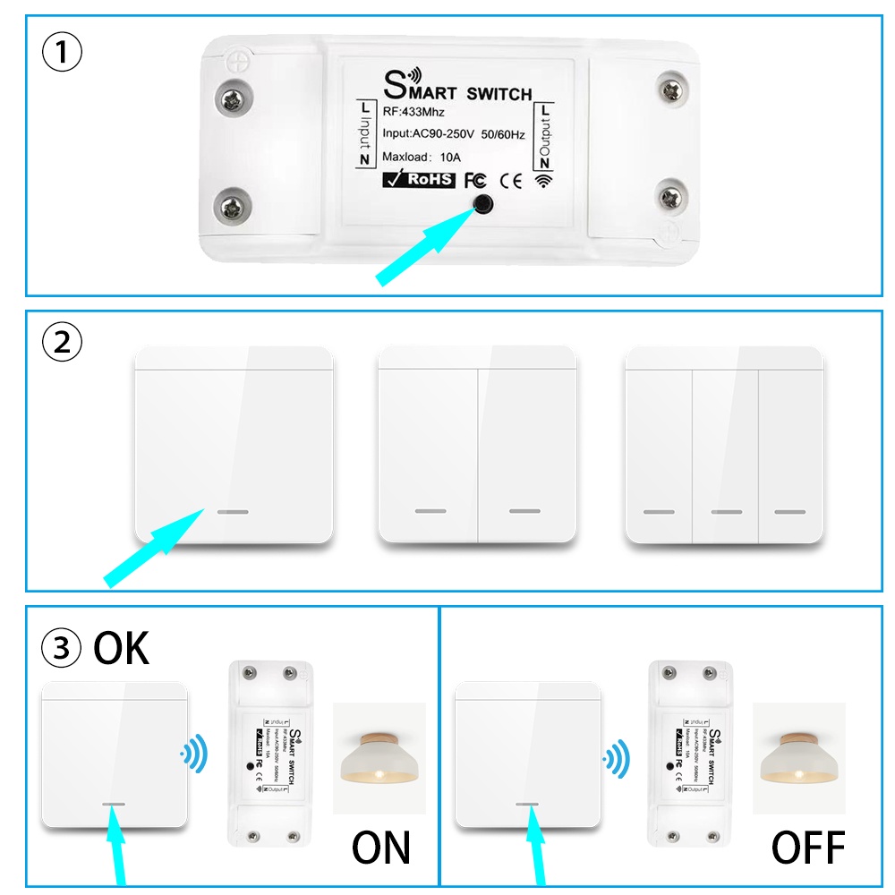 Công tắc nút nhấn không dây thông minh DIESE Rf 433MHz 220V cho đèn LED/ đèn/ quạt/ bóng đèn 10A