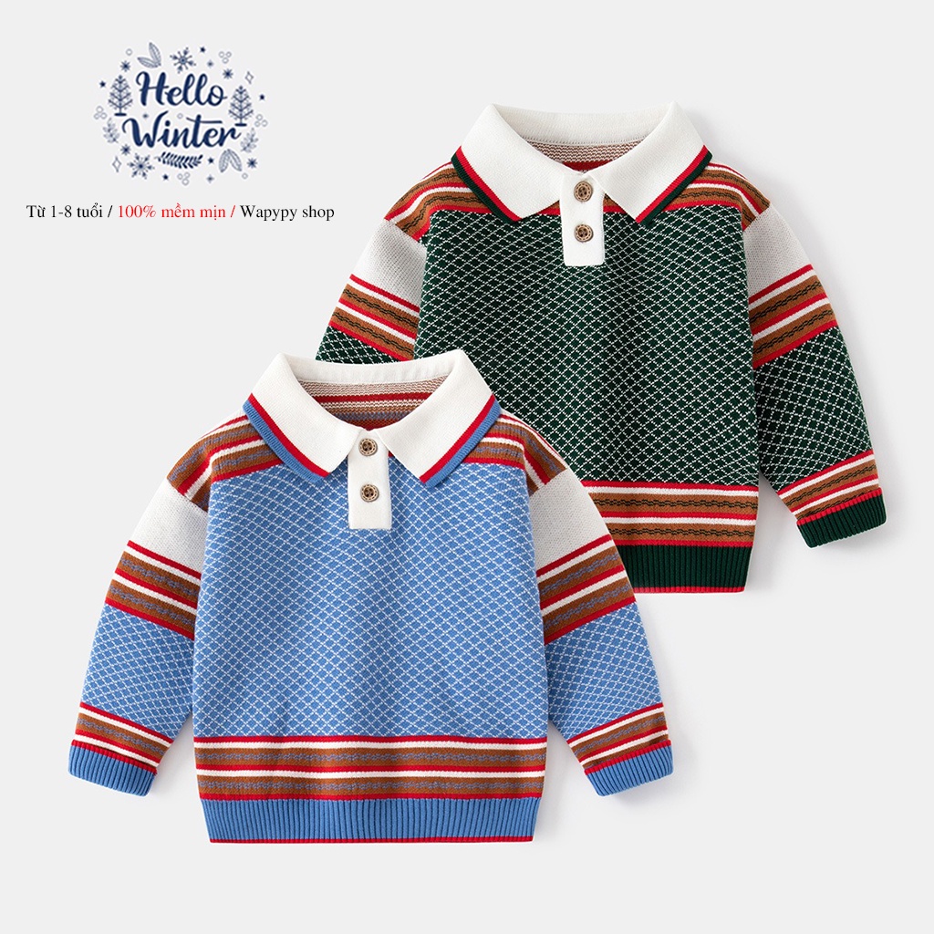 Áo len bé trai WELLKIDS áo len họa tiết caro phối cổ sơ mi thu đông cho trẻ mẫu mới 2022