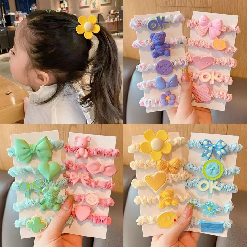 Set 5 dây cột tóc voan hoa gắn hình cho bé scrunchies hoa