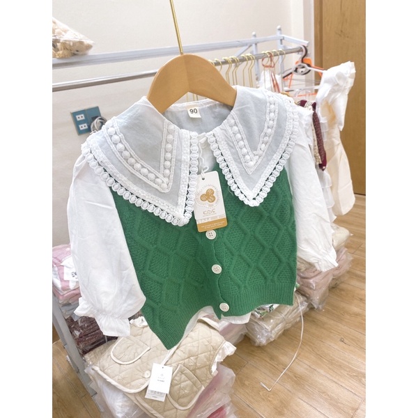 Áo sơmi kèm ghile len cao cấp 2 chi tiết cho bé gái xinh