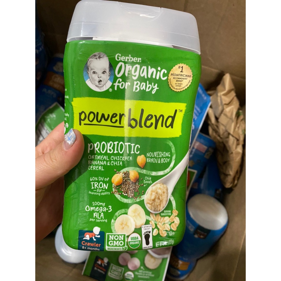 Mẫu mới Bột ăn dặm Gerber Organic Yến mạch, đậu gà, chuối, hạt chia bổ sung Probiotic, Sắt cho bé trên 8 tháng tuổi