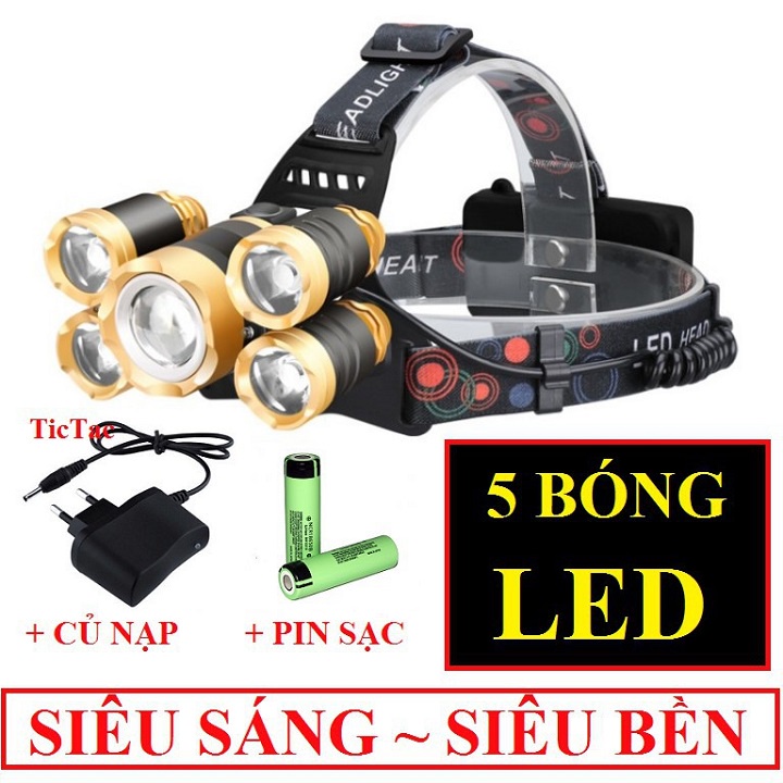 Đèn pin siêu sáng đèn bin led đội đầu cầm tay 5 bóng sạc điện dùng pin chiếu xa