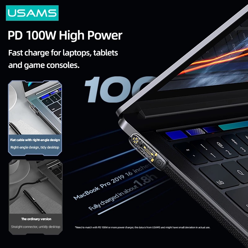 Dây cáp sạc nhanh USAMS góc phải 20W USB C IP dành cho điện thoại / máy tính bảng