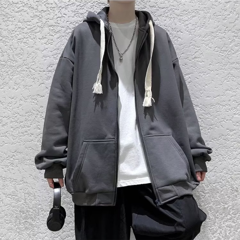 Áo hoodie Nhung Màu Trơn Dáng Rộng Có Khóa Kéo Thời Trang Hàn Quốc Cho Nam Nữ