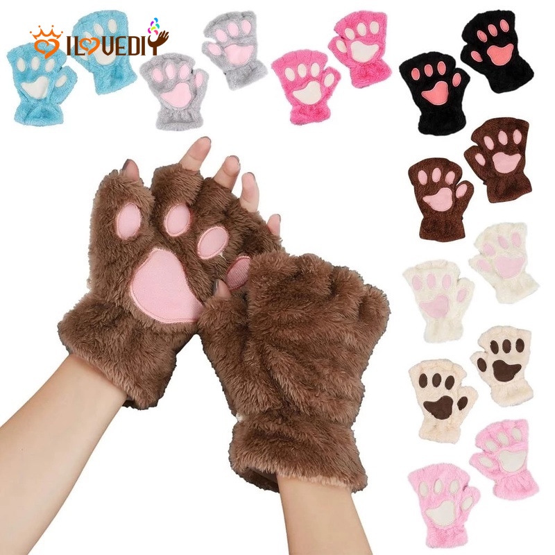 Găng Tay Hở Ngón Giữ Ấm Dày Dặn Hình Dấu Chân Mèo Dễ Thương Thời Trang Mùa Đông Cho Nữ [Giáng Sinh / Halloween] [Cô Gái Thể Thao Cảm Ứng Màn Hình