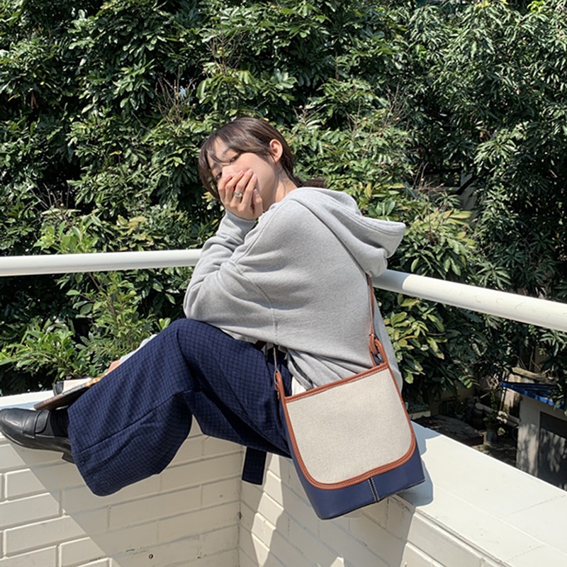 Ielgy Túi Xách bucket Vải Bố Sức Chứa Lớn Màu Sắc Tương Phản Đa Ứng Dụng Cho Nữ