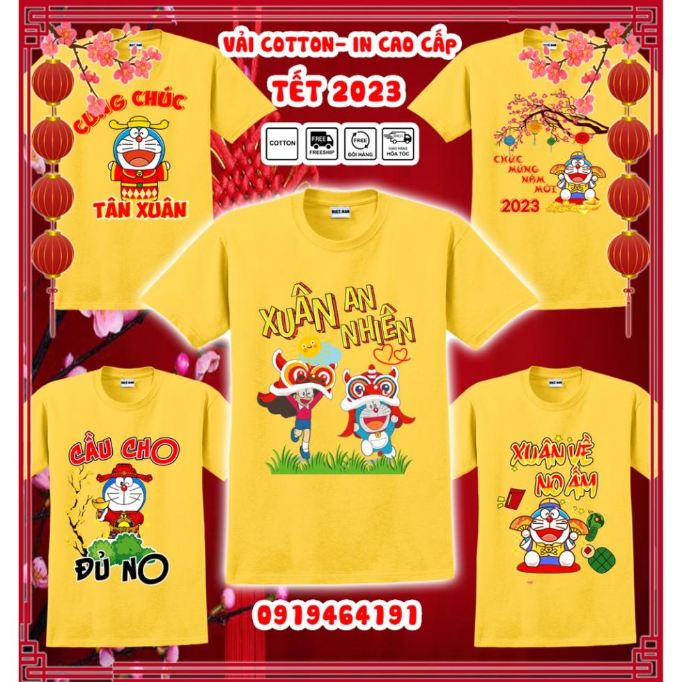 Áo thun doraemon tết quý mão 2023 màu vàng, áo thun tết con mèo doraemon, vải dày mịn mát, in cao cấp - Có size trẻ em