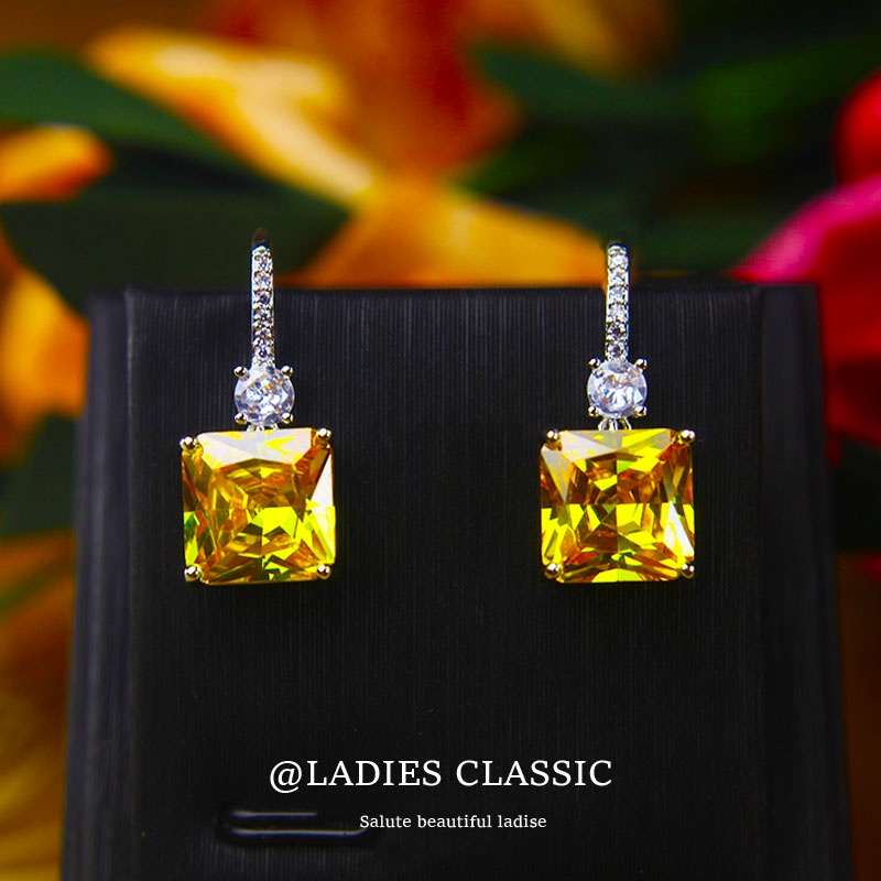 Bông Tai Kim Cương Citrine Cắt Vuông Dạng Móc Treo Cổ Điển Tuyệt Đẹp Không Gây Dị Ứng Dự Tiệc Tối Cho Nữ