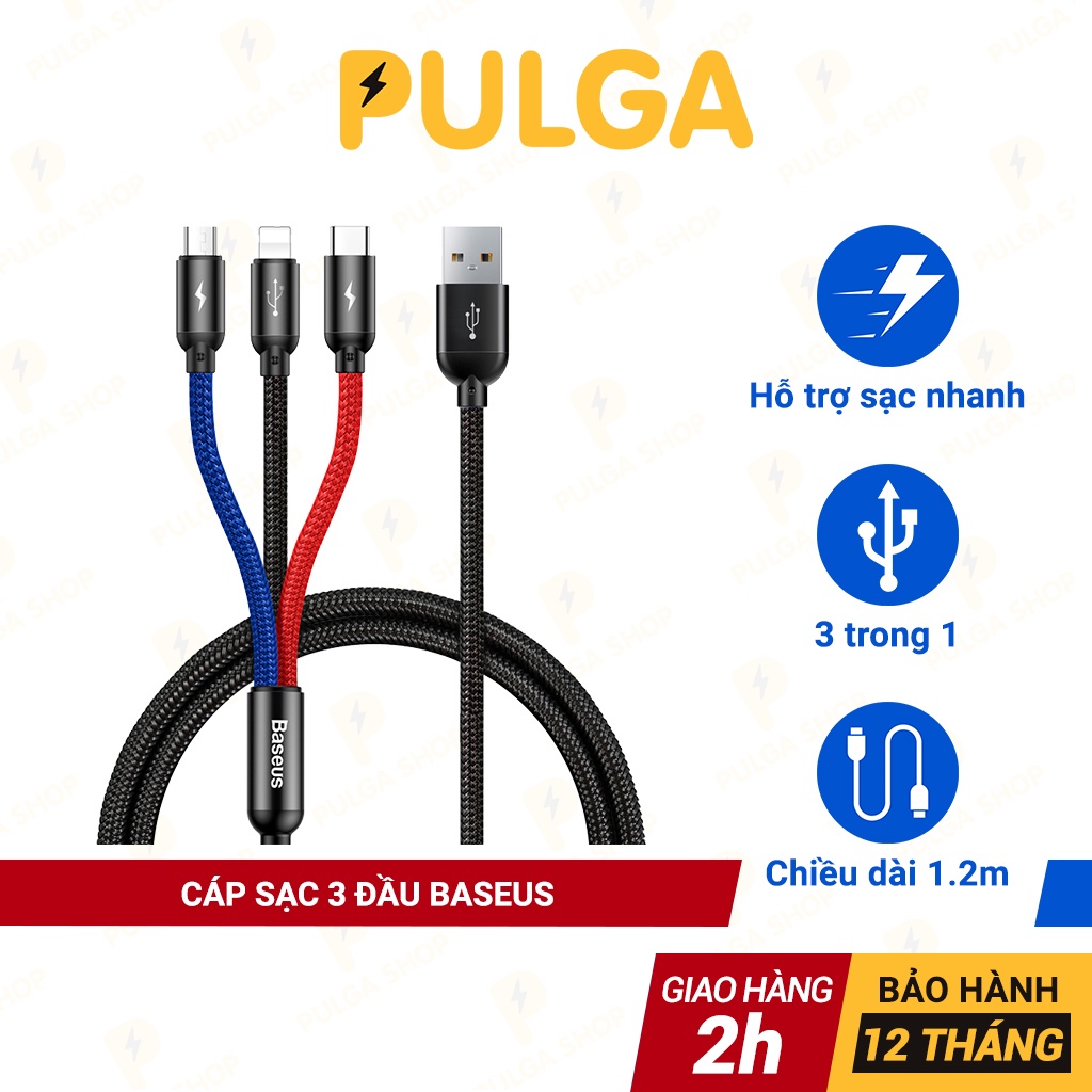 Cáp Sạc 3 in 1 Baseus Tích Hợp 3 Đầu Kết Nối IP/Micro USB/Type C Sạc Cho Samsung/Xiaomi/Oppo Dài 1.2m