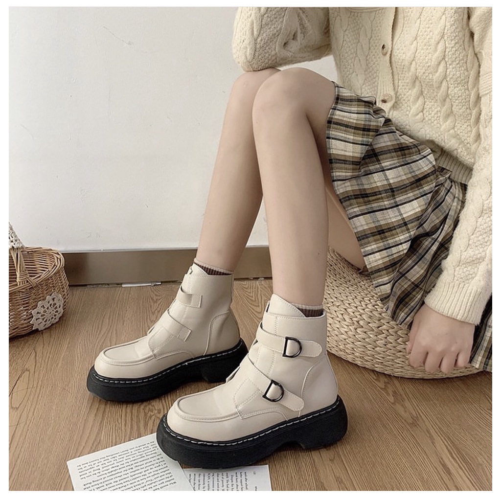 Boot da nữ bốt nữ cổ ngắn hai quai độn đế cổ lửng Hàn Quốc chất liệu da cao cấp dáng đẹp tiểu thư cá tính