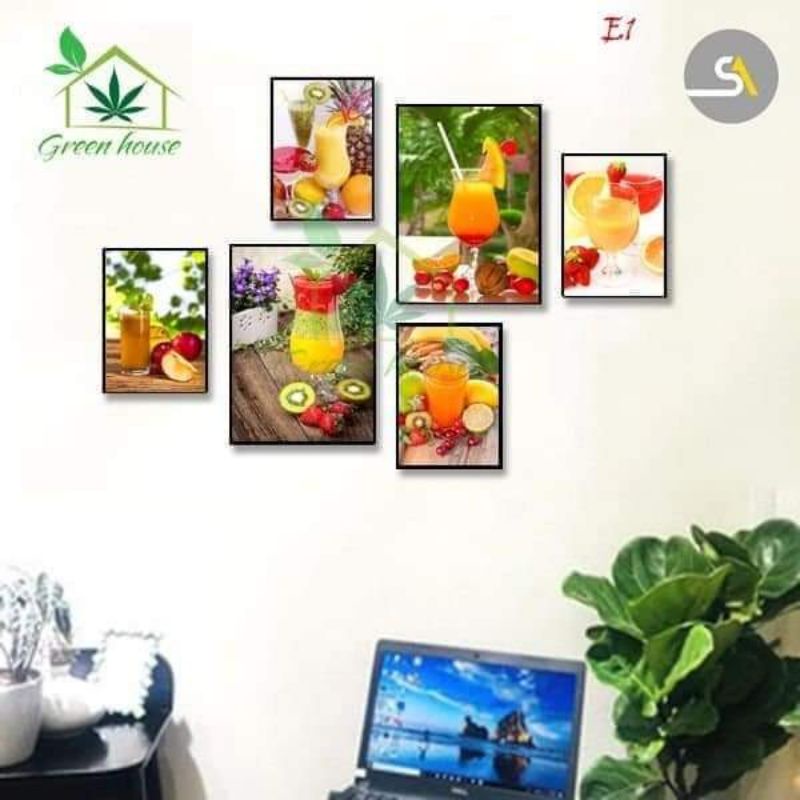 Bộ tranh trang trí phòng bếp,phòng ăn,quán nước ép, tranh  treo tường dán tường Green house