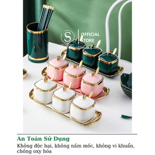 Hũ đựng gia vị gốm sứ sang trong - sam golden home | bộ 4 gia vị hũ sứ xanh ngọc mạ vàng