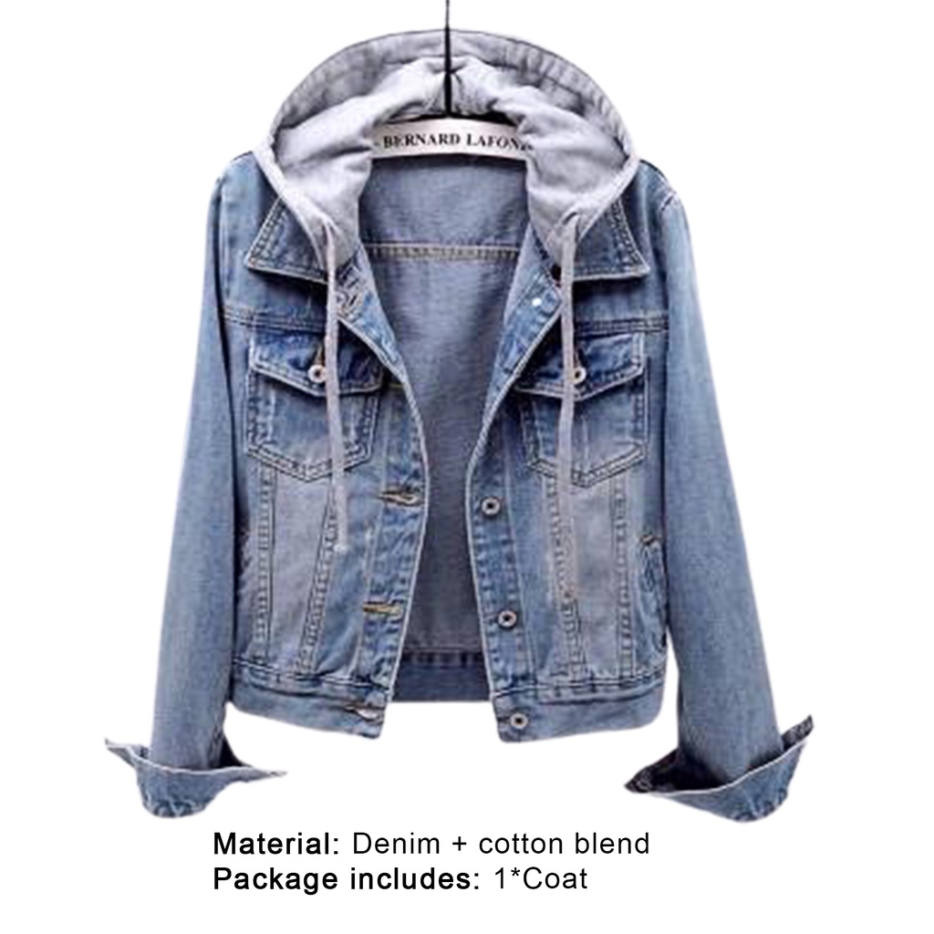 Áo Khoác Jean Tay Dài Có Nón Cài Nút Thời Trang Đường Phố Cho Nữ