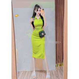 Đầm body nữ tay ngắn cổ bẻ dáng dài chất thun gân basic