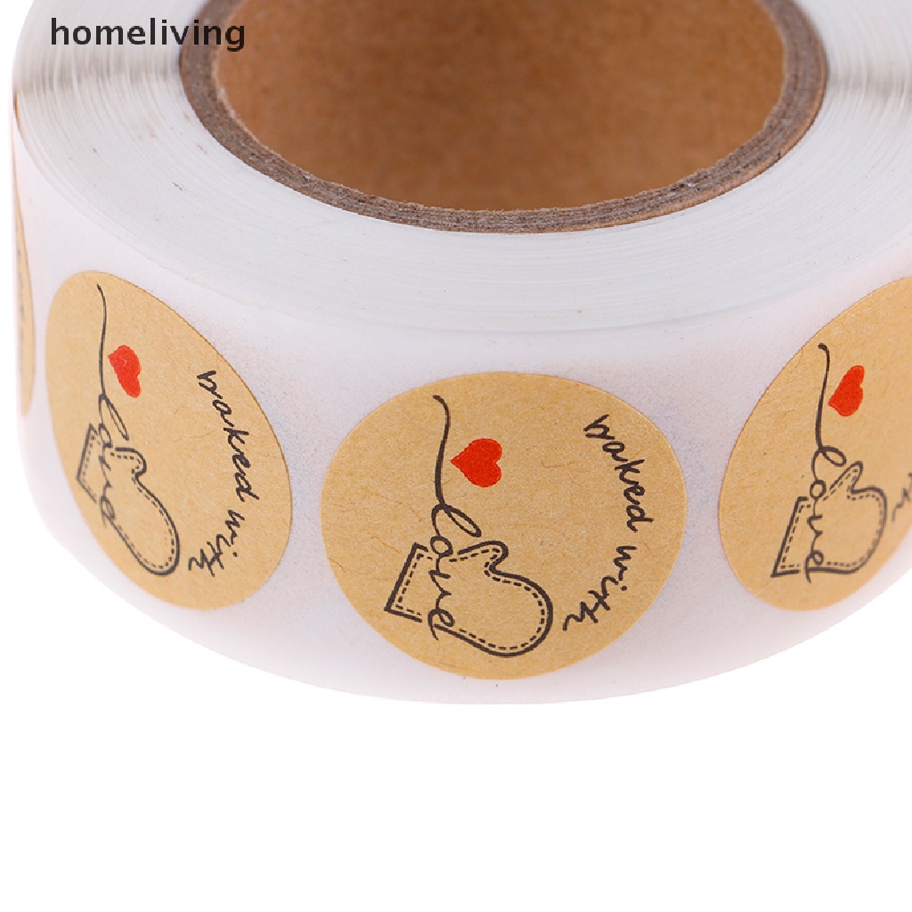 Cuộn 500 Miếng Dán Trang Trí Hình Tròn Bằng Giấy Kraft Tự Nhiên In Chữ Baked with Love