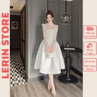 Đầm Tiệc Đen Trắng Phối Ren Tay Dài Khoét Cổ Sang Trọng Váy Cô Dâu Đi Bàn Dáng Dài _ Lerin V249