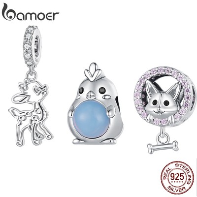 BAMOER Hạt Bạc 925 Hình Hươu / Corgi / Gà Con Dễ Thương Dùng Làm Trang Sức Diy
