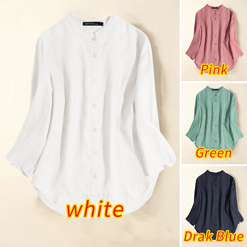 Áo sơ mi ZANZEA tay dài cổ tròn màu trơn thời trang thanh lịch cho nữ