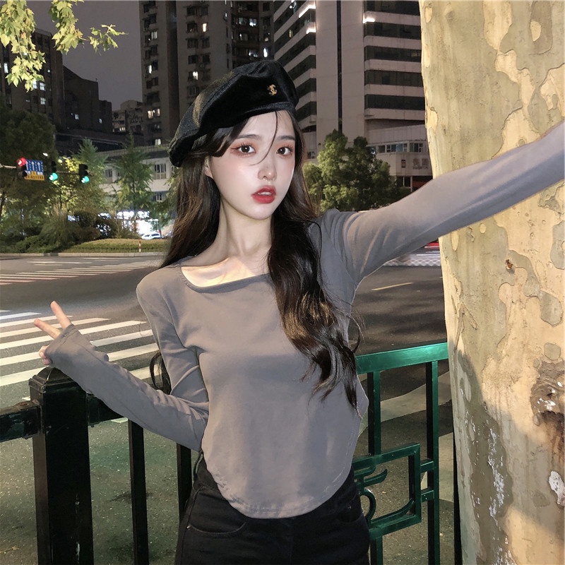 NRVP Áo thun nữ dài tay dáng rộng màu trơn thời trang Hàn Quốc