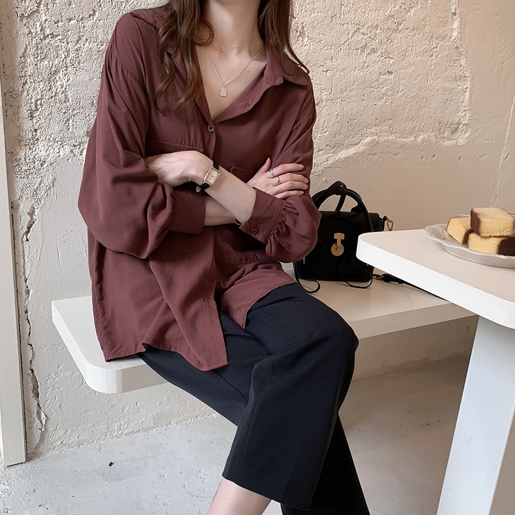 Áo sơ mi SUXI tay dài phồng dáng rộng màu sắc đơn giản thời trang cho nữ