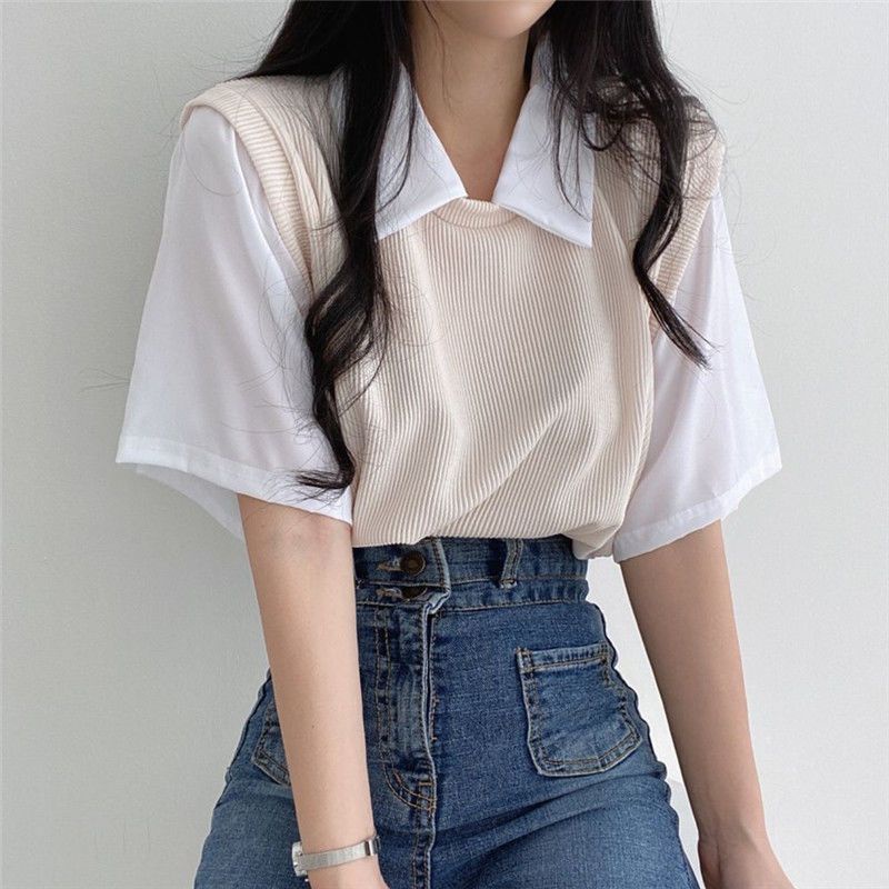Áo Thun Polo Ngắn Tay Giả Hai Lớp Màu Sắc Thời Trang Dành Cho Nữ