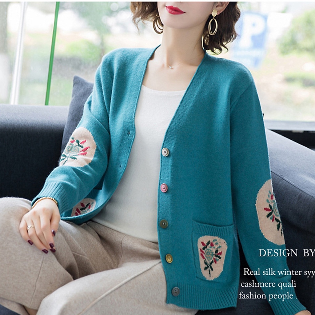 (TỔNG KHO LÂM ANH CHUYÊN SỈ) Áo cardigan len nữ trung niên phối họa tiết túi và tay, chất len dày dặn ấm áp