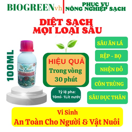 Chế phẩm sinh học không cách ly BIOGREEN 555 diệt các loại sâu ăn lá, rầy, rệp, nhện đỏ, bọ trĩ, côn trùng chai 100ml