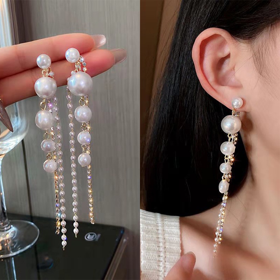 Bông Tai Tua Rua Dài Đính Kim Cương Giả Thanh Lịch Nhiều Kiểu Dáng