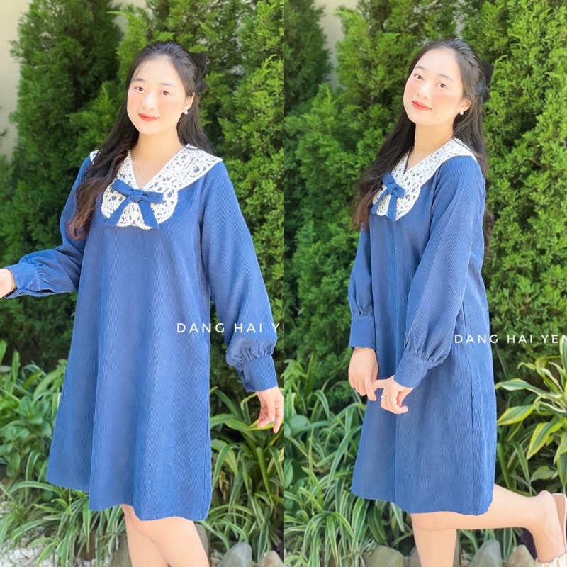 Váy xuông nhung gân Blue xanh cổ viền ren siêu trắng da tiểu thư