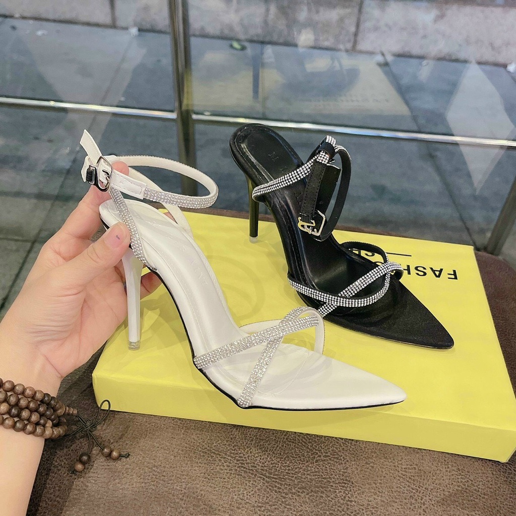 (ĐƯỢC KIỂM HÀNG) DÉP SANDAL CAO GÓT NỮ CAO 9P QUAI ĐÍNH ĐÁ CHÉO