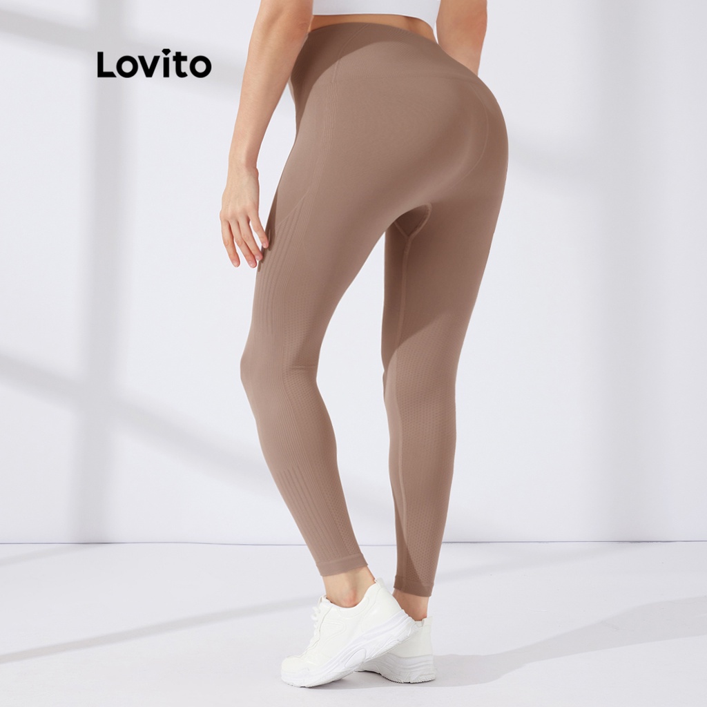 Quần legging thể thao Lovito cạp cao màu trơn bản rộng L23AD028 (màu đen/màu cà phê/màu trắng)