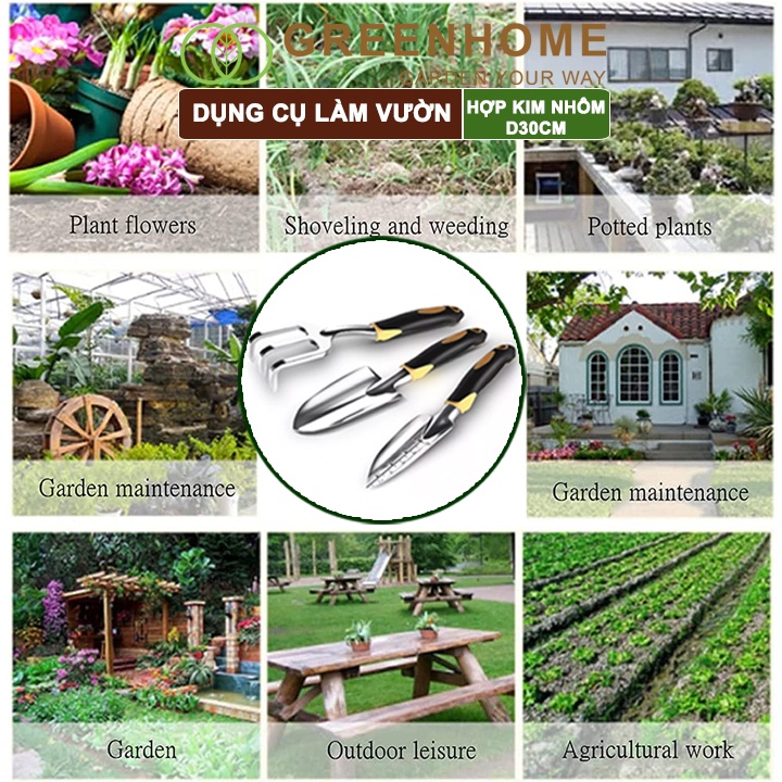 Bộ dụng cụ trồng cây Greenhome, D30cm, hợp kim nhôm, tay cầm cao su chống trượt, gồm xẻng, cào, xẻng chia vạch