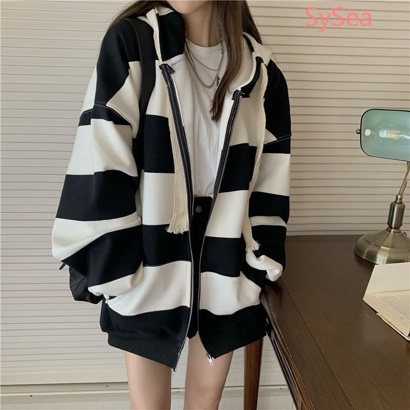 Áo Hoodie Form Rộng Họa Tiết Kẻ Sọc Phong Cách Hàn Quốc