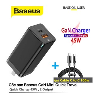 SẠC NHANH BASEUS 2 CỔNG 45W GaN2 TYPE C + USB A KÈM CÁP CHÍNH HÃNG [NEW 100%]