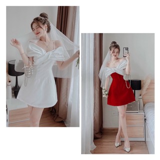 Đầm 2 dây trễ vai xoắn nơ ngực