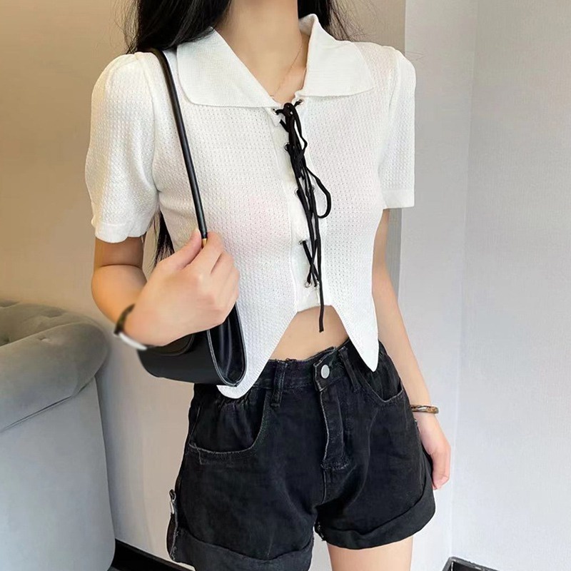 Áo Sơ Mi Tay Ngắn Phồng Phối Cà Vạt Phong Cách Retro Dành Cho Nữ