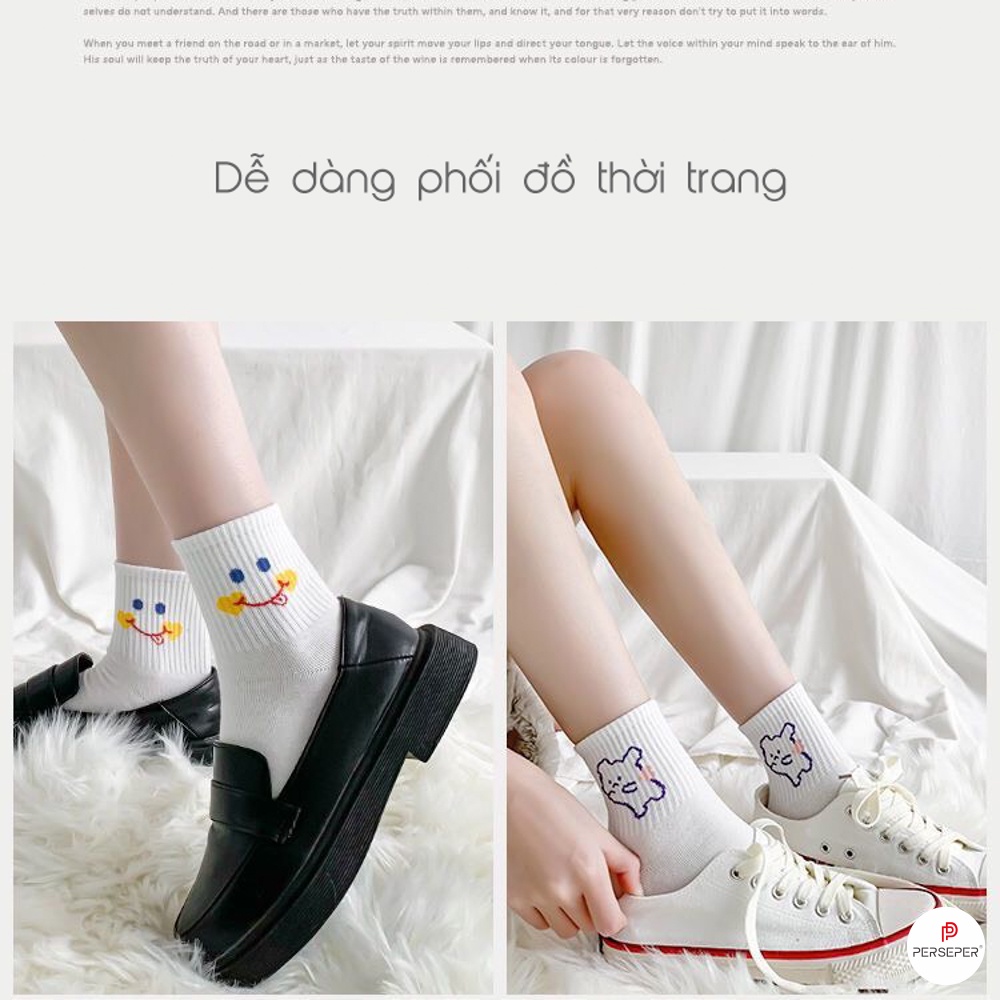 Tất vớ cổ cao chất liệu cotton co giãn bốn chiều, set tất vớ 5 đôi họa tiết dễ thương - Only Store