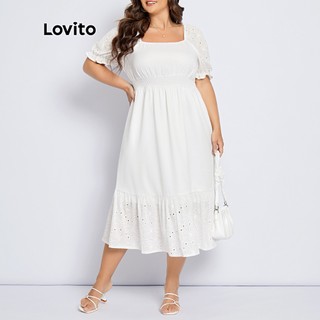 Đầm Lovito lai bèo xòe xếp nếp màu trơn phong cách thường ngày có lớp lót không xuyên thấu cho nữ LPS04033 (màu trắng)