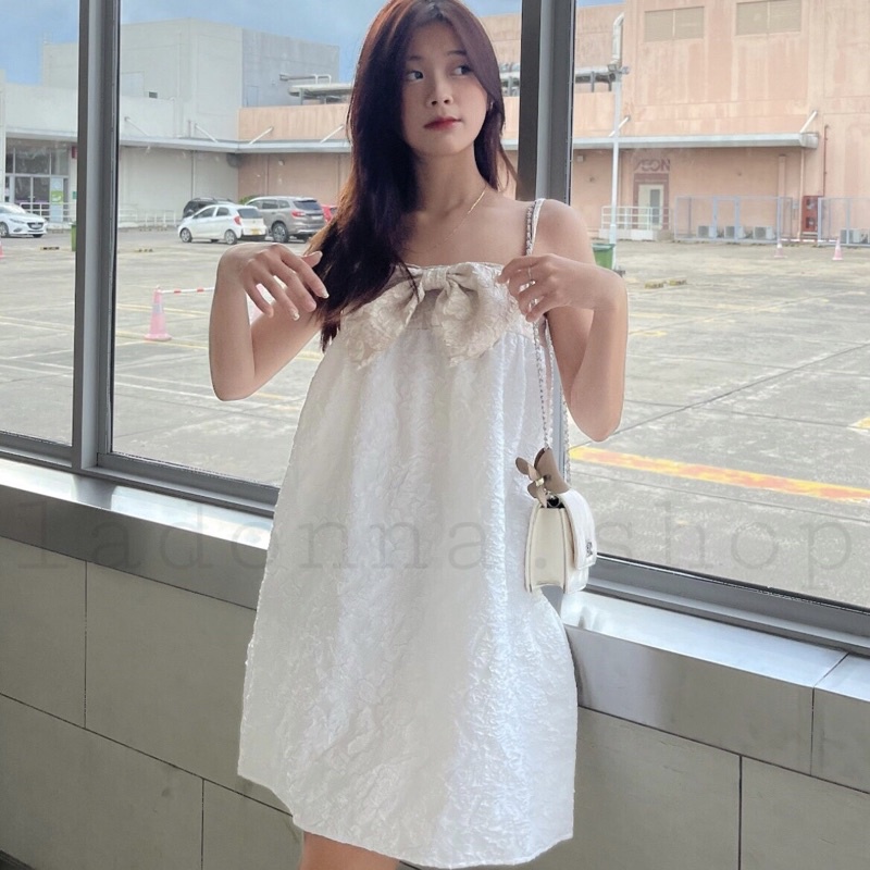 Đầm 2 dây baby doll vải gấm phối nơ