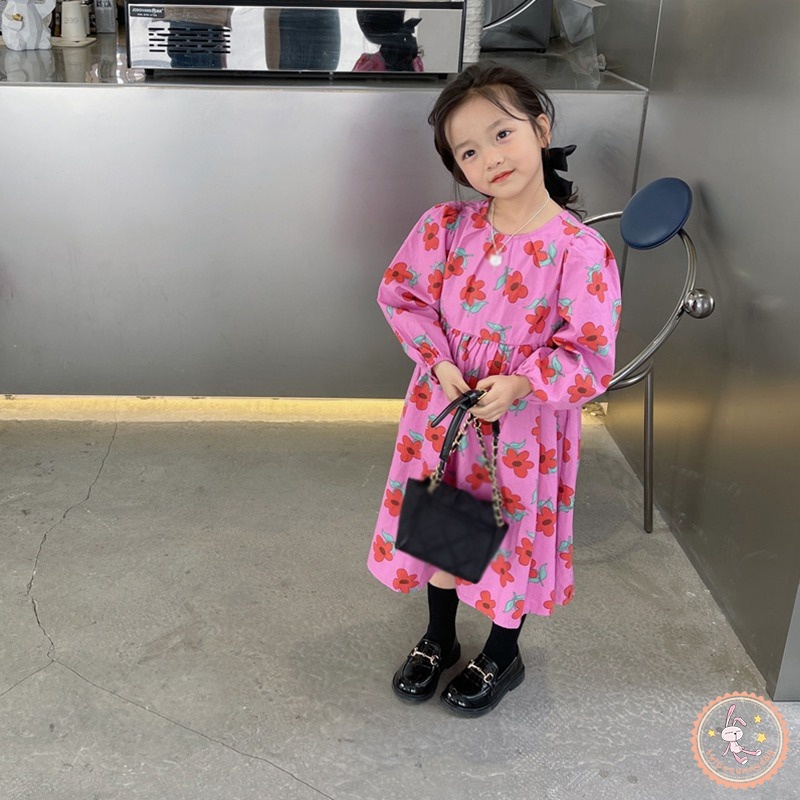 Đầm Tay Dài Cổ Tròn In Hoa Cho Bé Gái