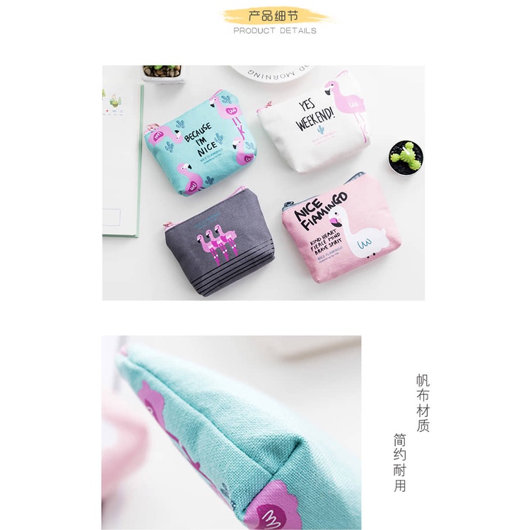 Ví Vải Mini Đựng Thẻ Xe, Son, tai nghe.. in Họa Tiết Hồng Hạc