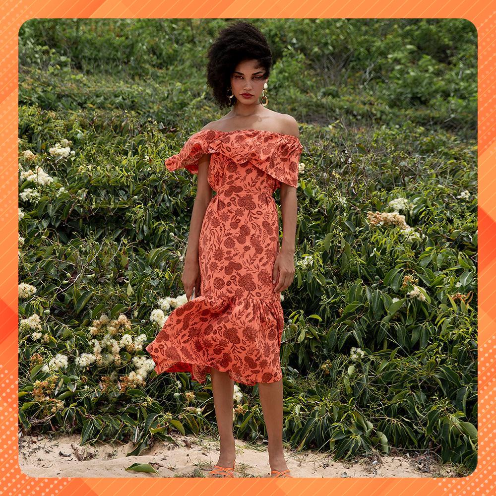 Đầm trễ vai hoa cam YV LE &amp; CO vải cotton in nổi màu cam đất họa tiết tropical nữ tính nổi bật